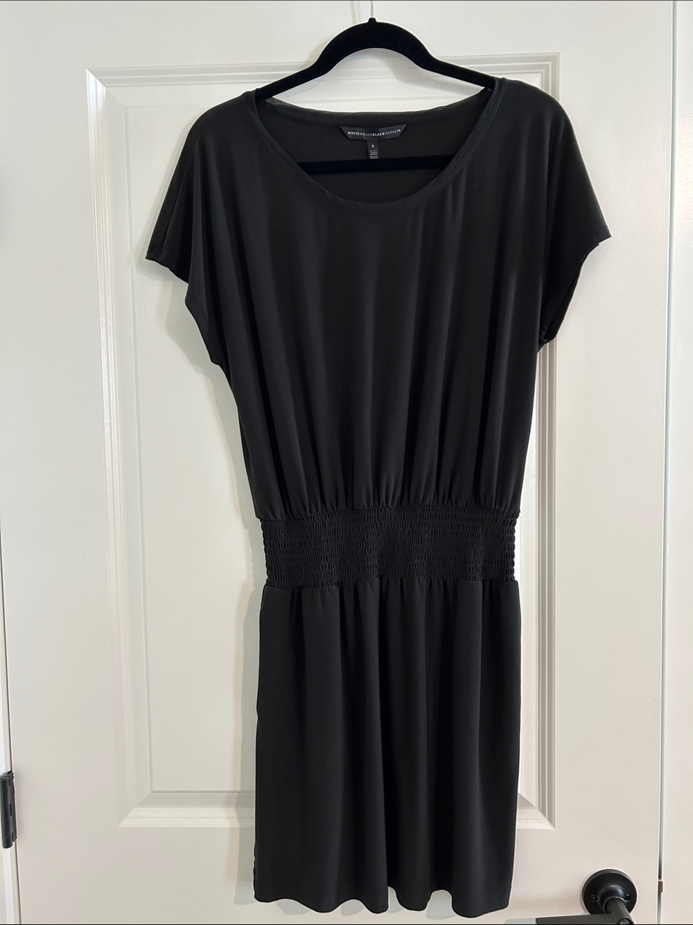 WHBM Black Short-Sleeve Smocked-Waist Dress